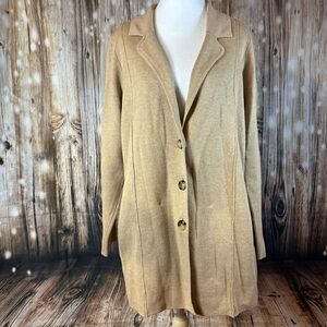 J Jill Sweater Medium Tan Cardigan Duster Collared V Neck Pockets Cotton Blend